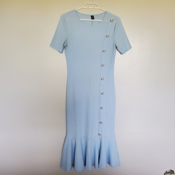 SHEIN Mulvari Pearl Button Detail Mermaid Hem Dress - Size Medium - Baby Blue - Picture 2 of 13